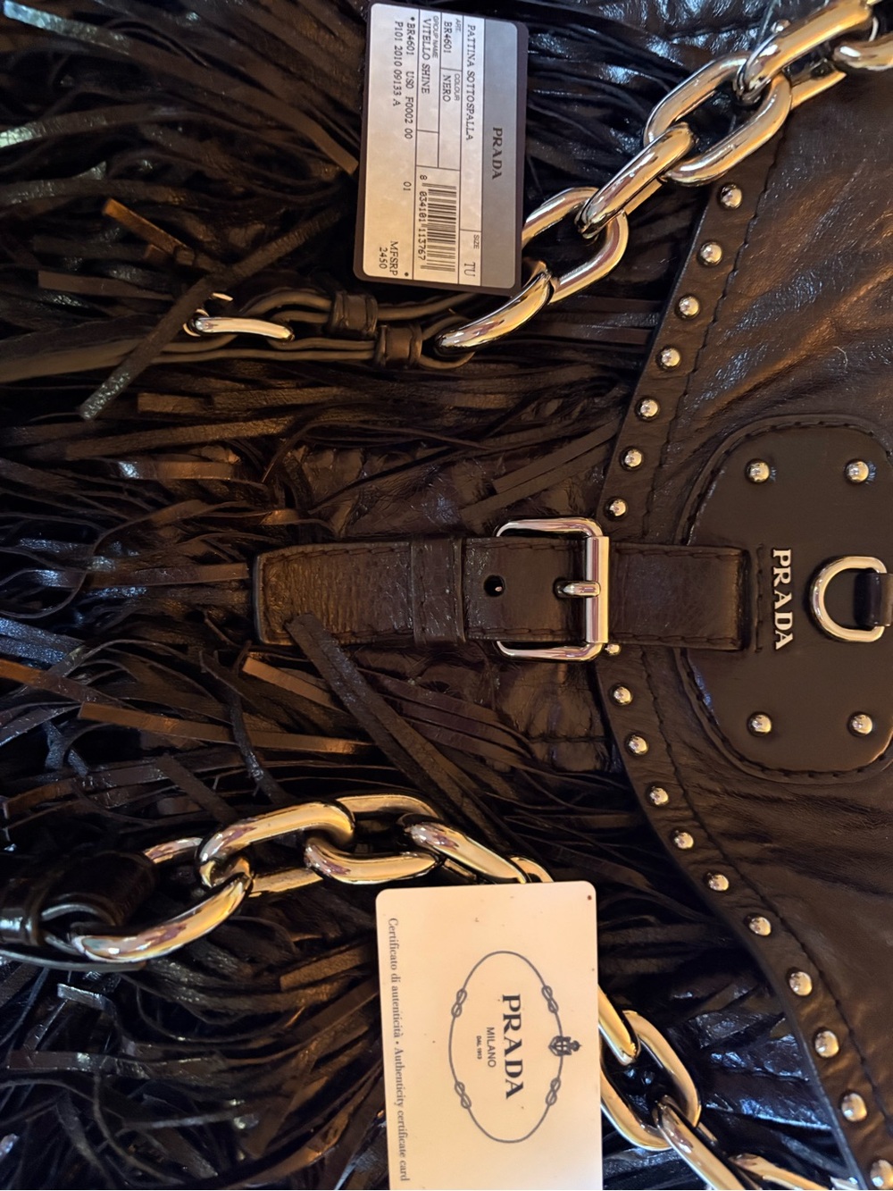 Prada Black Leather Fringe Shoulder Bag with Silver Hardware - Picture 4 of 9